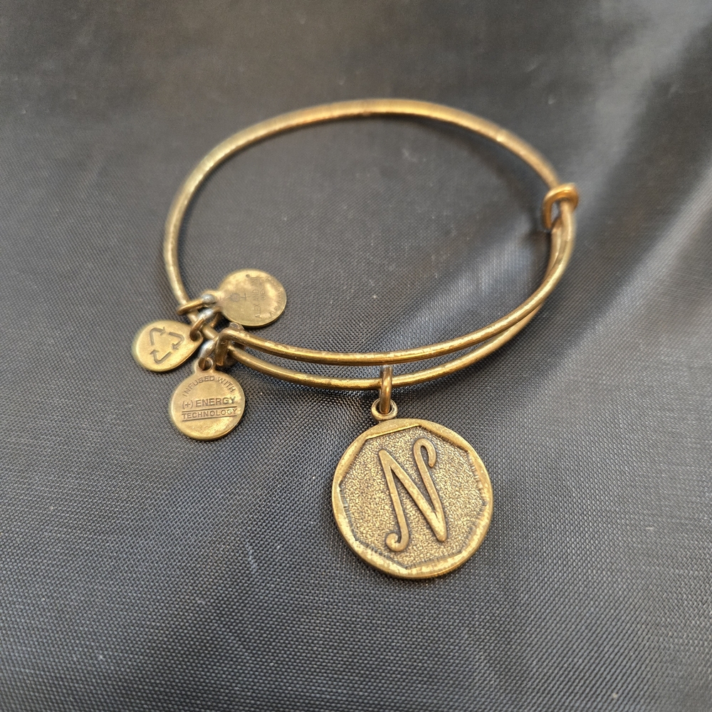Alex and Ani Monogram 'N' Charm Wire Bangle, Gold Tone